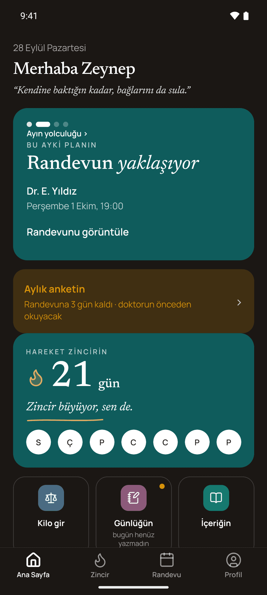 Reprive uygulamasının ana sayfası: yaklaşan hekim randevusu, aylık anket, hareket zinciri ve kilo, günlük ve içerik kısayolları.