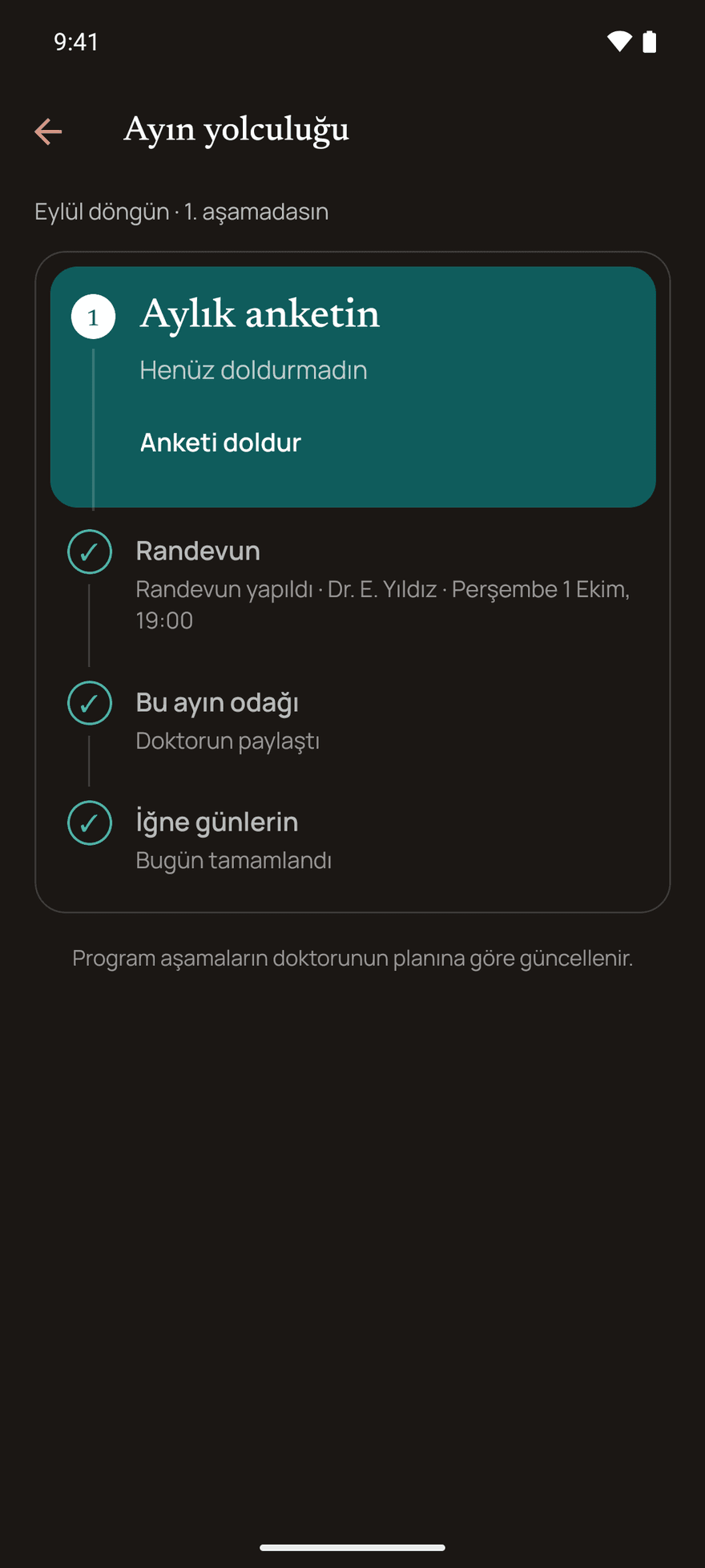 Uygulamadaki ayın yolculuğu ekranı: aylık anket, planlanan hekim randevusu ve doktorun paylaştığı ay odağı adım adım listelenir.