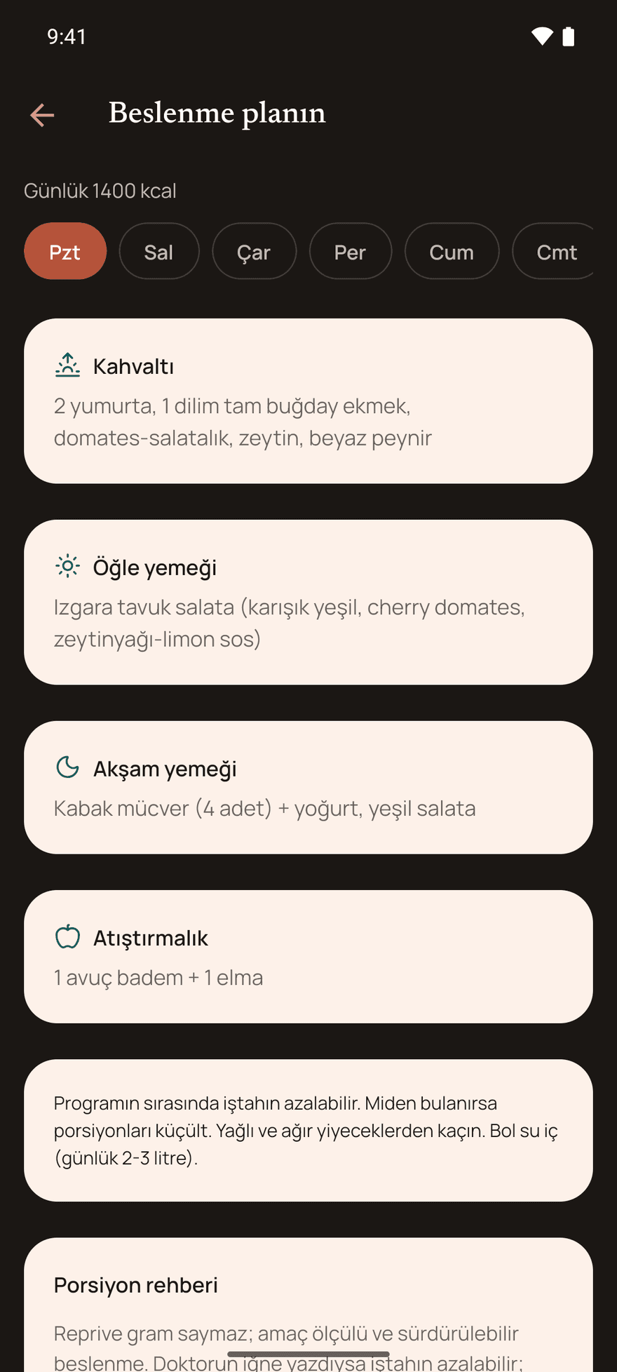 Uygulamadaki beslenme planı ekranı: güne göre kahvaltı, öğle, akşam ve atıştırmalık önerileri ile porsiyon rehberi.