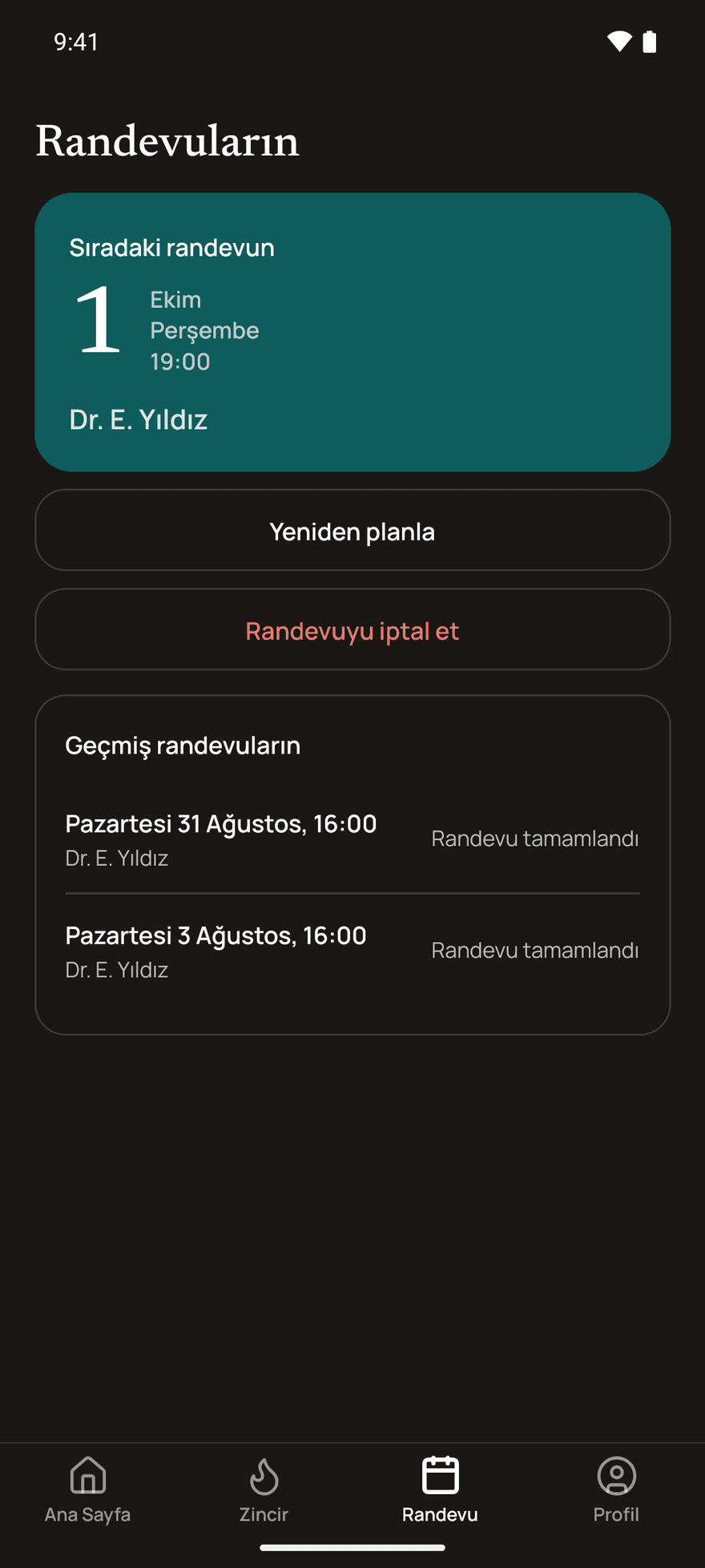 Reprive uygulamasının randevu ekranı: sıradaki hekim randevusu, yeniden planlama ve geçmiş randevular.