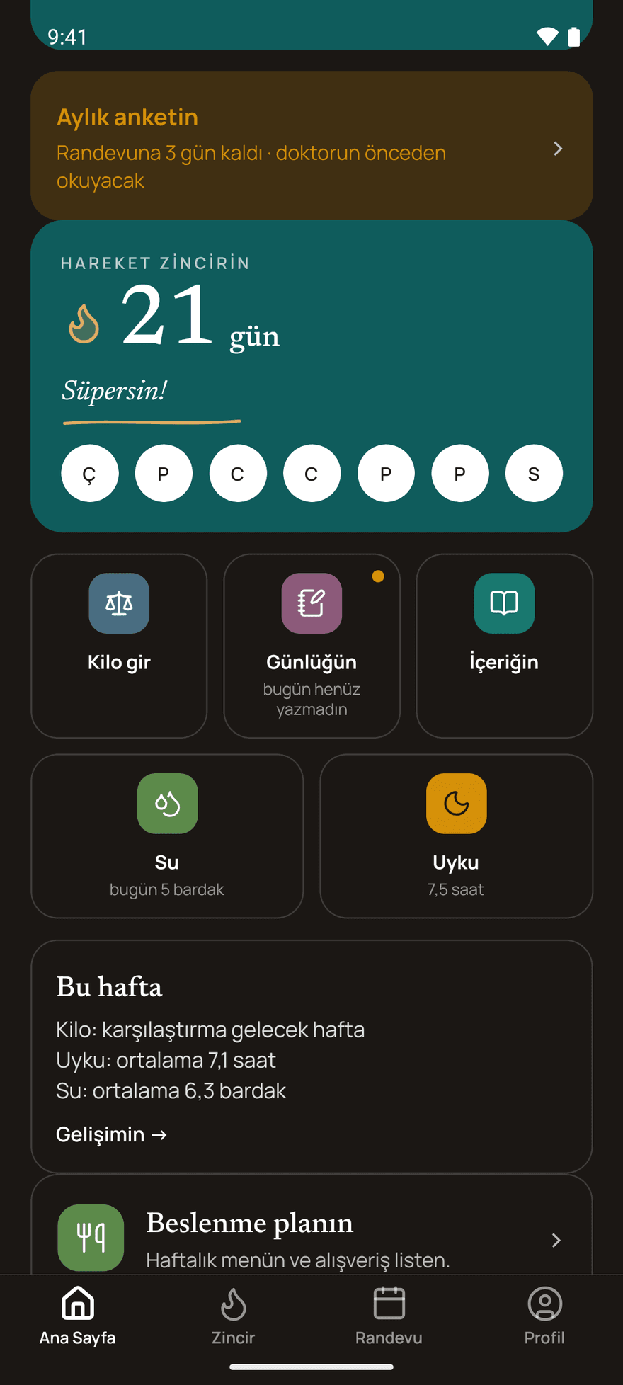 Uygulamanın ana sayfasında su ve uyku kutucukları ile haftanın uyku ve su ortalamalarını gösteren Bu hafta kartı.